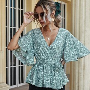 Green Dalmatian Print Ruffle Belted Blouse